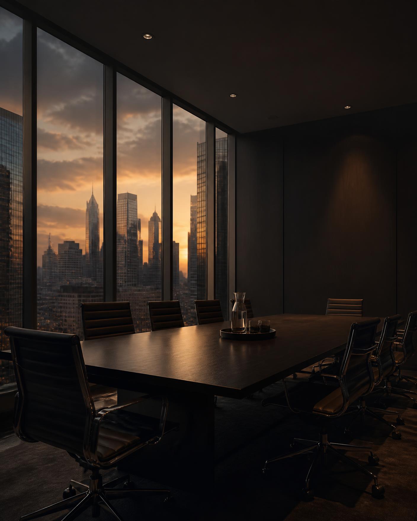 Sala de reuniões de escritório de advocacia ao entardecer